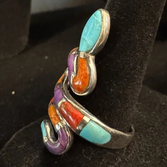 Native made Zuni Multicolor Turquoise Orange Purple Snake Ring - sterling silver - Picture 4 of 9
